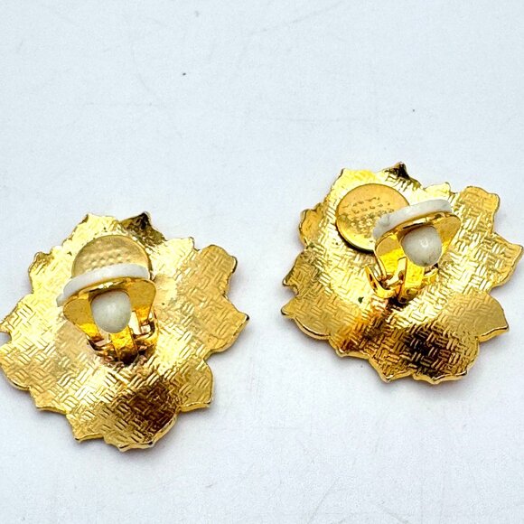 1980s Vintage Gold Tone Cloisonne Flower Clip-On Earrings Pink Mauve Enamel - Picture 5 of 7